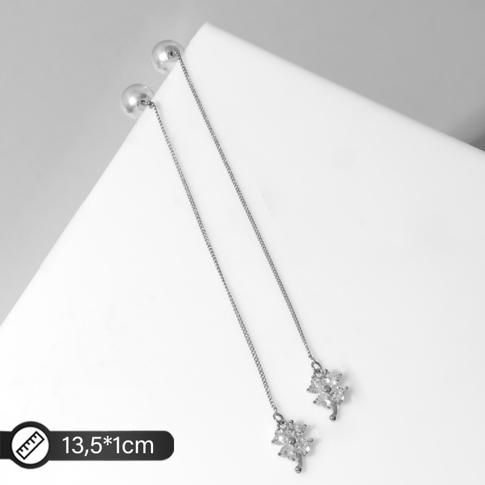 Серьги с жемчугом «Цепочки» цветок и бусина, цвет белый в серебре, шар №10 Серьги с жемчугом «Цепочки» цветок и бусина, цвет белый в серебре, шар №10