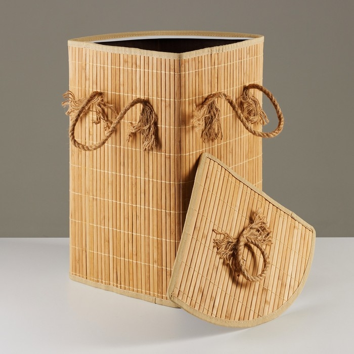 Корзина для хранения, угловая, с крышкой и ручками, складная, 32 х 32 х 50 см, бамбук, джут Корзина для хранения, угловая, с крышкой и ручками, складная, 32 х 32 х 50 см, бамбук, джут