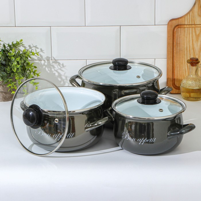 Набор кастрюль «Металлик», 3 предмета: 2,1 л, 3,1 л, 4 л, индукция, цвет чёрный Набор кастрюль «Металлик», 3 предмета: 2,1 л, 3,1 л, 4 л, индукция, цвет чёрный