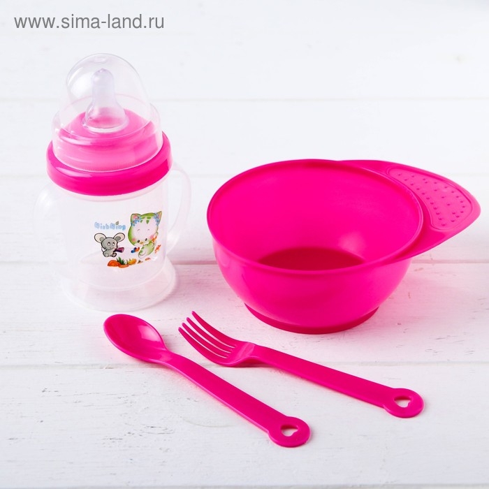 Набор детской посуды, 4 предмета: миска 300 мл, бутылочка для кормления 180 мл, ложка, вилка, цвета МИКС Набор детской посуды, 4 предмета: миска 300 мл, бутылочка для кормления 180 мл, ложка, вилка, цвета МИКС