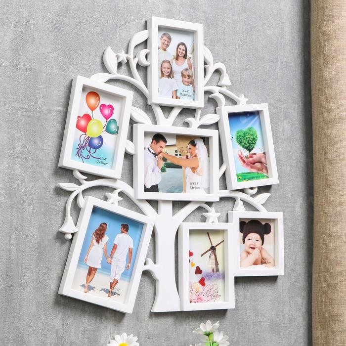Фоторамка на 7 фото 7х7 см, 7х10 см, 13х9 см "Дерево желаний" белая 36х31 см