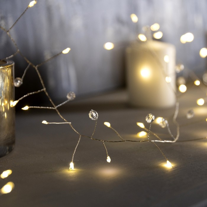 Гирлянда «Мишура» 2 м роса с насадками «Бусины», IP20, серебристая нить, 100 LED, батарейки ААх3 (нет в комплекте), свечение тёплое белое Гирлянда «Мишура» 2 м роса с насадками «Бусины», IP20, серебристая нить, 100 LED, батарейки ААх3 (нет в комплекте), свечение тёплое белое