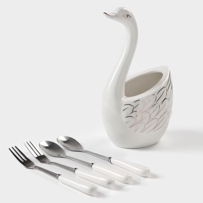 Подставка для столовых приборов «Лебедь», 5 предметов: подставка 9×6,5×16,5 см, 2 ложки, 2 вилки, цвет белый