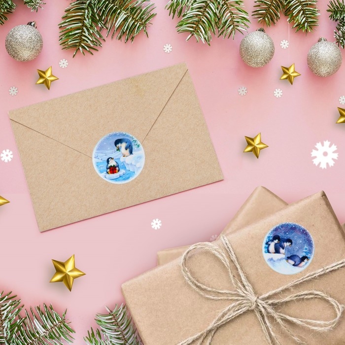 Новый год. Наклейки в рулоне "Пингвины", 500 шт, 3,8 х 3,8 см