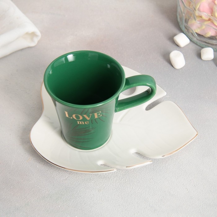 Чайная пара керамическая Love me, кружка 100 мл, блюдце 15х14 см, цвет бело-зелёный Чайная пара керамическая Love me, кружка 100 мл, блюдце 15х14 см, цвет бело-зелёный