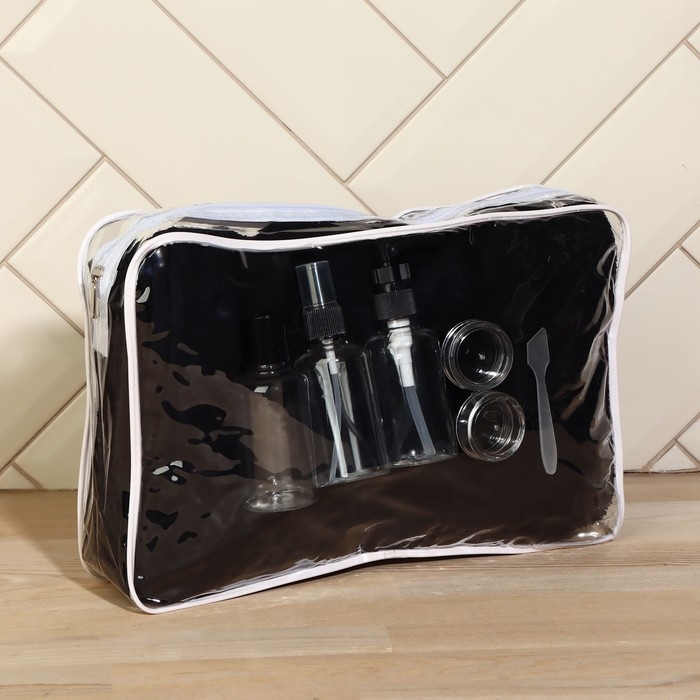 Набор банный, в косметичке, 7 предметов (полотенце 70 × 140 см, бутылочки 3 шт, баночки 2 шт, лопатка), цвет чёрный Набор банный, в косметичке, 7 предметов (полотенце 70 × 140 см, бутылочки 3 шт, баночки 2 шт, лопатка), цвет чёрный