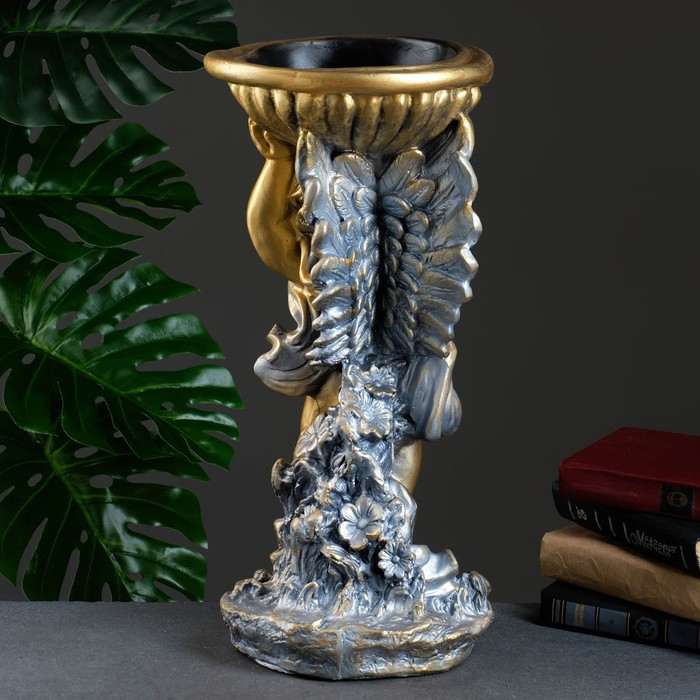 Фигурное кашпо  Фигурное кашпо "Ангел с чашей" бронза / серебро 0,6 л / 24х50х24см