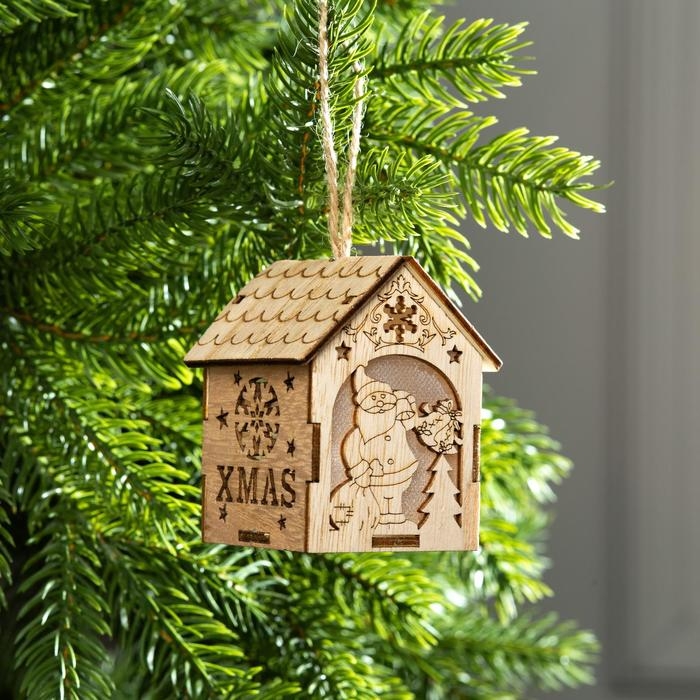 Ёлочная игрушка «Домик с Дедом Морозом с мешком», от батареек, свечение тёплое белое Ёлочная игрушка «Домик с Дедом Морозом с мешком», от батареек, свечение тёплое белое