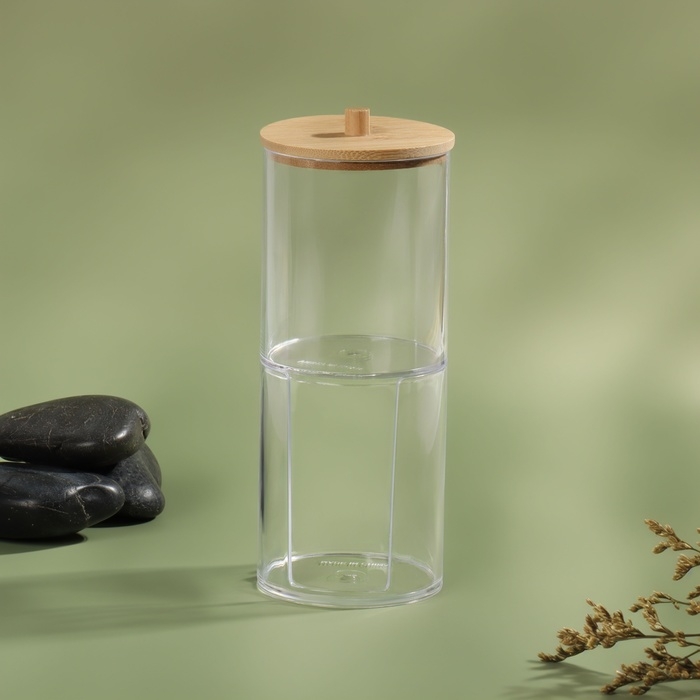 Органайзер для ватных палочек и дисков «BAMBOO», с крышкой, 2 съёмные секции, 7 × 18,5 см, в картонной коробке, цвет прозрачный