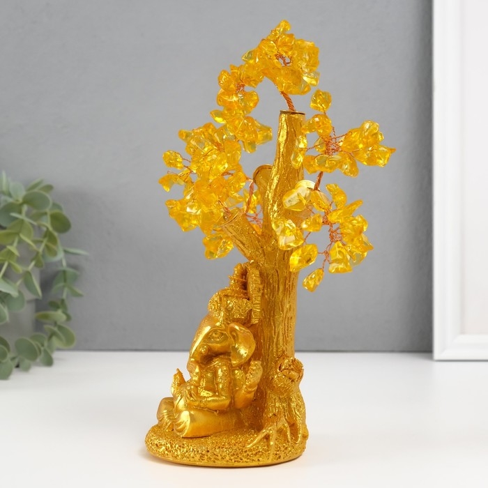 Сувенир бонсай "Ганеша у денежного дерева" жёлтый 120 камней 9х9х23,5 см
