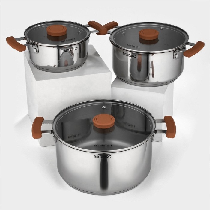 Набор кастрюль из нержавеющей стали Magistro, 3 шт: d=16/20/24 см, штабелируемые, индукция Набор кастрюль из нержавеющей стали Magistro, 3 шт: d=16/20/24 см, штабелируемые, индукция