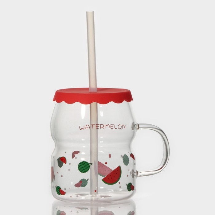 Кружка стеклянная с силиконовой крышкой и трубочкой «Фрутис», 400 мл, цвет МИКС Кружка стеклянная с силиконовой крышкой и трубочкой «Фрутис», 400 мл, цвет МИКС