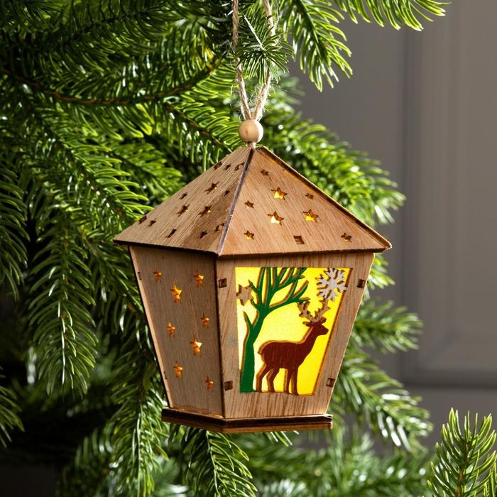 Ёлочная игрушка «Фонарь с оленем», от батареек, свечение тёплое белое Ёлочная игрушка «Фонарь с оленем», от батареек, свечение тёплое белое