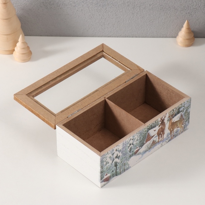 Шкатулка дерево 2 деления "Олени у заснеженного домика" 9,2х18х7 см