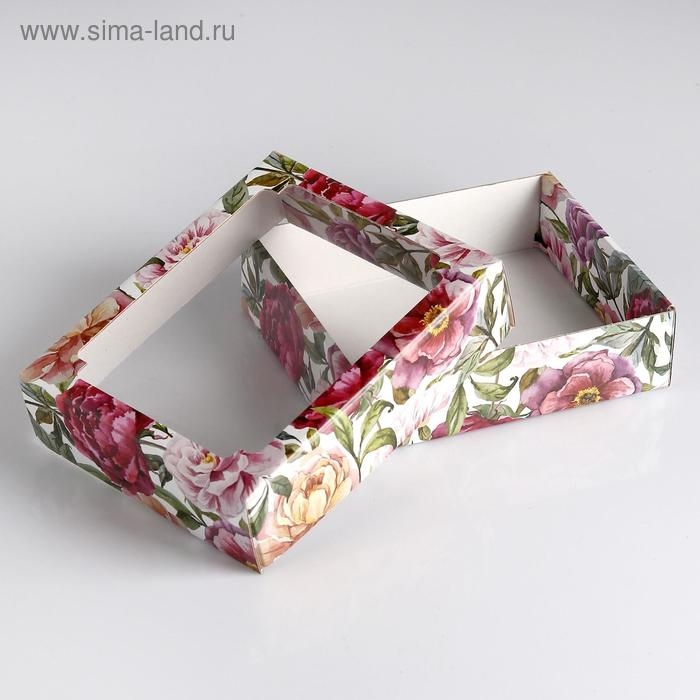 Коробка сборная крышка-дно с окном, Коробка сборная крышка-дно с окном, "Акварельные цветы", 18 х 15 х 5 см