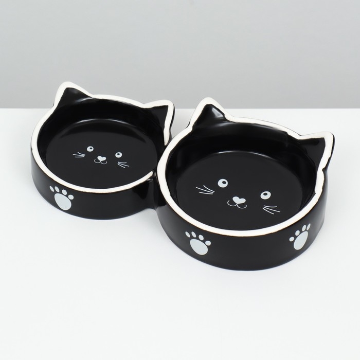 Миска керамическая  Миска керамическая "Кошачье семейство" 40/60 мл  двойная 19 х 10,5 х 3,5 см, чёрно-белая