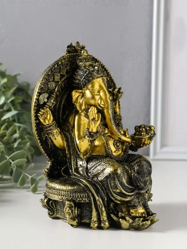 Сувенир полистоун "Ганеша в шароварах, на троне" золотая бронза 11,3х12,2х17,2 см