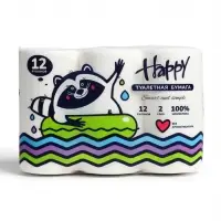 Туалетная бумага HAPPY, без ароматизаторов, 2 слоя, 12 рулонов