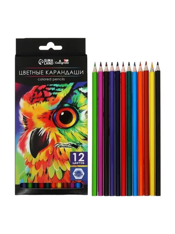 Карандаши цветные, 12 цветов, Calligrata TOP, шестигранные, пластиковые