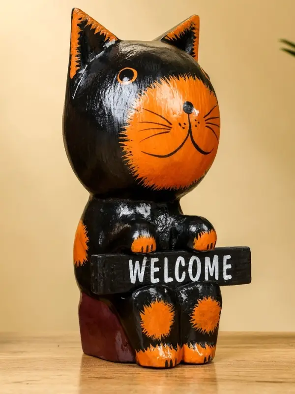 Сувенир  Сувенир "Кот с табличкой WELCOME" дерево 10х7х16 см, цв. чёрно-рыжий
