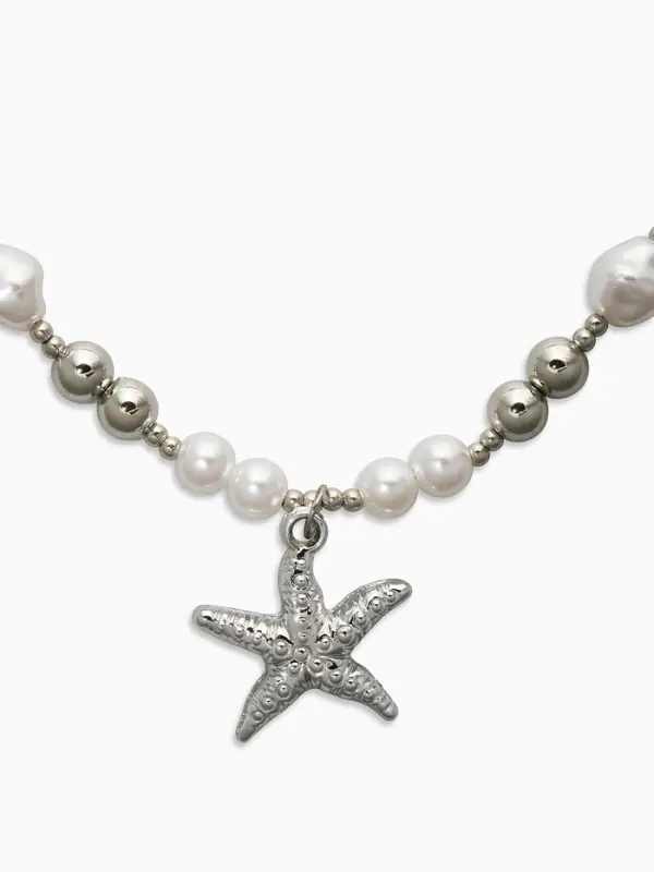 Кулон на жемчужных бусах &laquo;Морская звезда&raquo;, 55 см, белый в серебре
