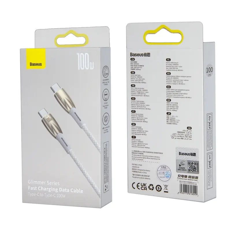 Кабель Type-C на Type-C 1M 2.4A 100W Glimmer series Baseus белый CADH000702 Кабель Type-C на Type-C 1M 2.4A 100W Glimmer series Baseus белый CADH000702