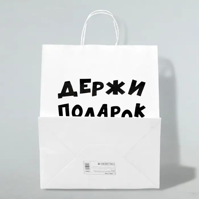 Пакет подарочный с приколами, крафт &laquo;Держи подарок&raquo;, белый, 24&times;14&times;28 см