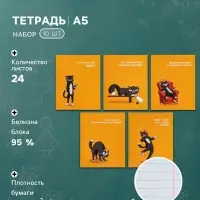 Тетрадь 10 штук, 24 листа в линейку &laquo;Кошачьи мемы&raquo;, блок офсет, 5 видов