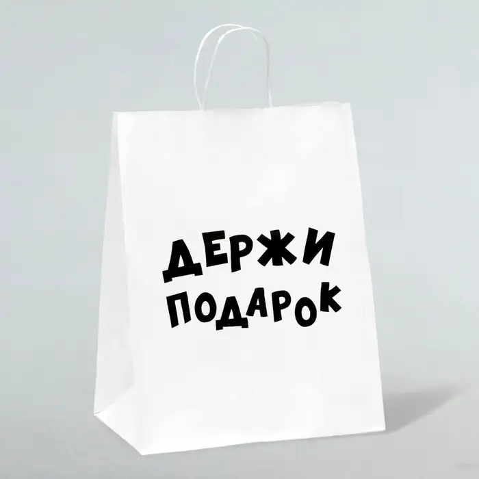 Пакет подарочный с приколами, крафт &laquo;Держи подарок&raquo;, белый, 24&times;14&times;28 см