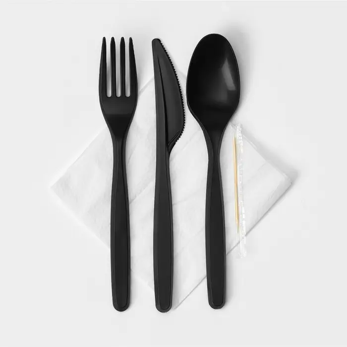 Набор пластиковых одноразовых столовых приборов «Элит», 5 предметов: вилка, ложка, нож, зубочистка, салфетка, 18 см, чёрный Набор пластиковых одноразовых столовых приборов «Элит», 5 предметов: вилка, ложка, нож, зубочистка, салфетка, 18 см, чёрный