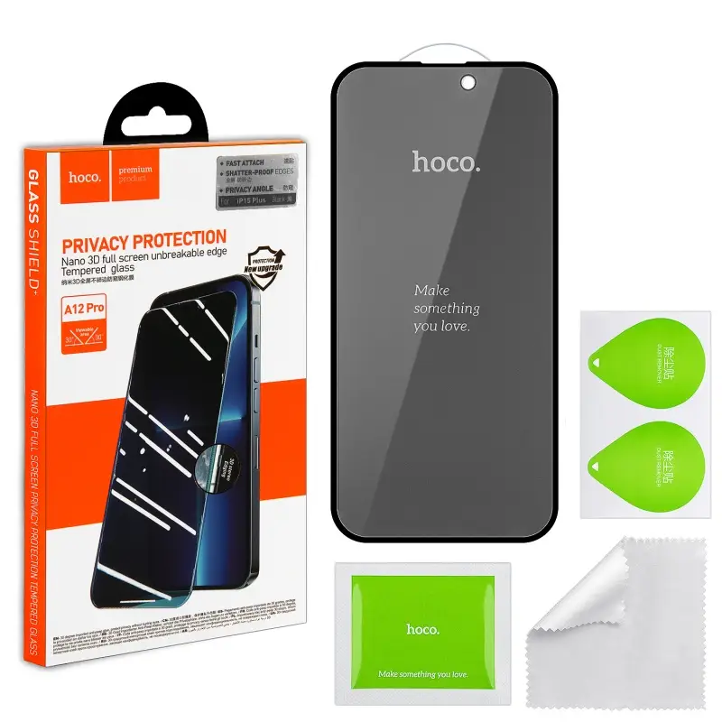 Защитное стекло для iPhone 15 Plus/16 Plus 3D Black (A12 Pro) HOCO Privace усиленые края