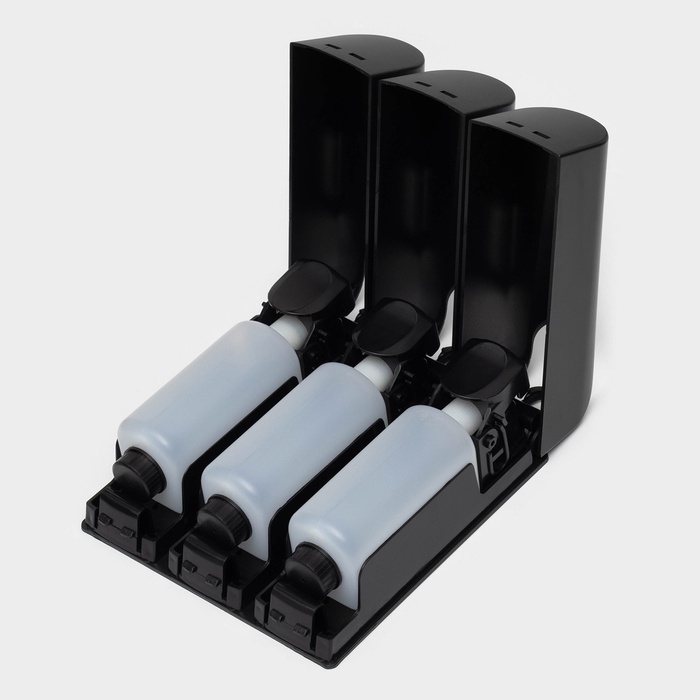 Диспенсер для мыла SAVANNA, механический, 3 отсека по 350 мл: шампунь, кондиционер, гель, чёрный Диспенсер для мыла SAVANNA, механический, 3 отсека по 350 мл: шампунь, кондиционер, гель, чёрный