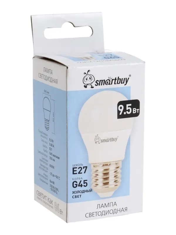 Лампа светодиодная Smartbuy, Е27, G45, 9.5 Вт, 6000К, свечение холодное белое