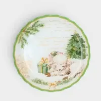 Блюдо сервировочное новогоднее Доляна &laquo;Ягнёнок&raquo;, 19&times;2.1 см, с бортиком, символ года, стекло, белое, зелёное