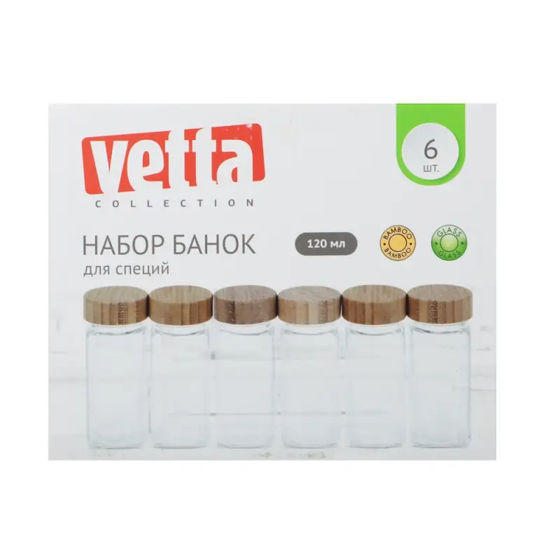 VETTA ЭКО Вуд Набор банок для специй, 6шт., 120мл,стекло, бамбук