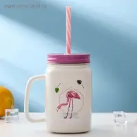 Кружка керамическая с металлической крышкой и трубочкой «Фламинго», 450 мл, цвет МИКС