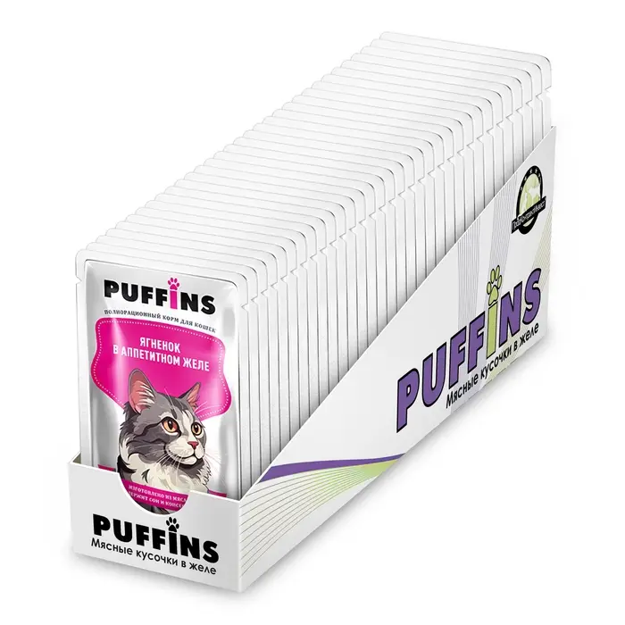 Влажный корм Влажный корм "Puffins" для кошек, ягненок в желе, 75 г