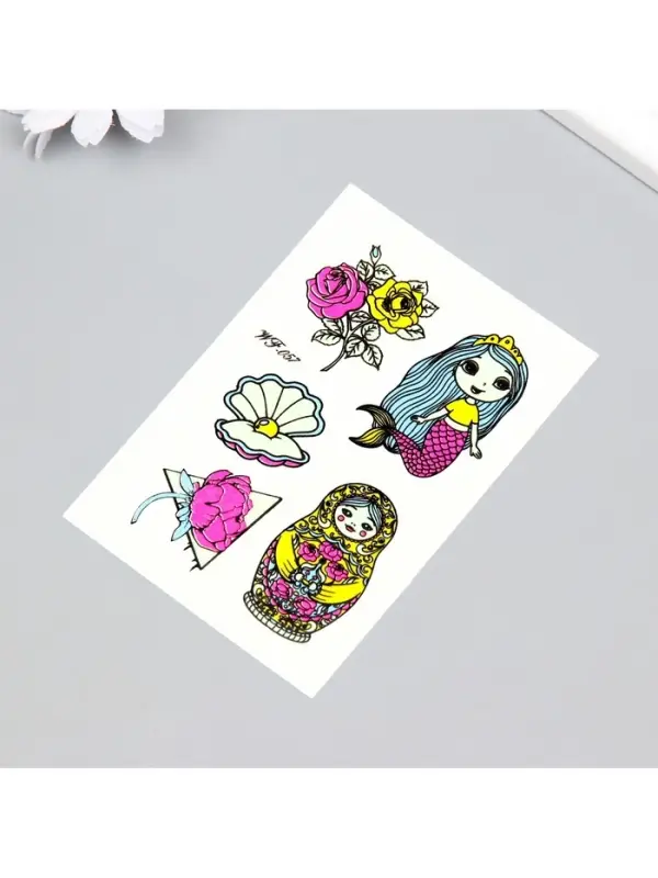 Переводные тату на тело светящиеся цветные «Матрёшка и русалка», 14.3×7.5 см