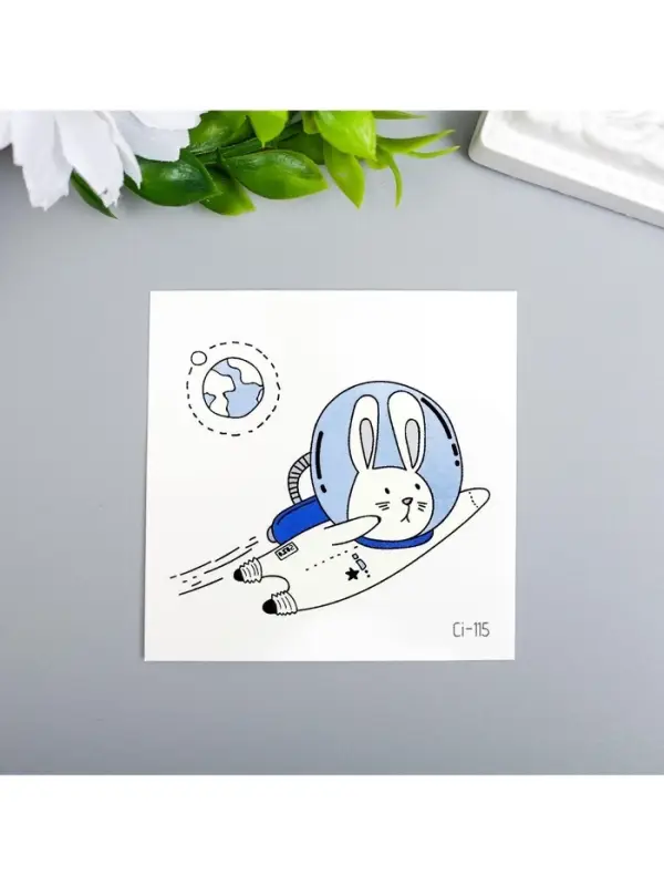 Переводная тату цветная «Зайчик в космосе», временная татуировка светящаяся, 6×6 см