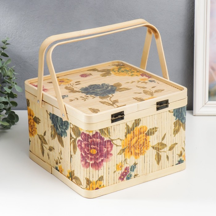 Шкатулка бамбук Шкатулка бамбук "Сад с пионами" квадрат, с ручками 16х24х24 см