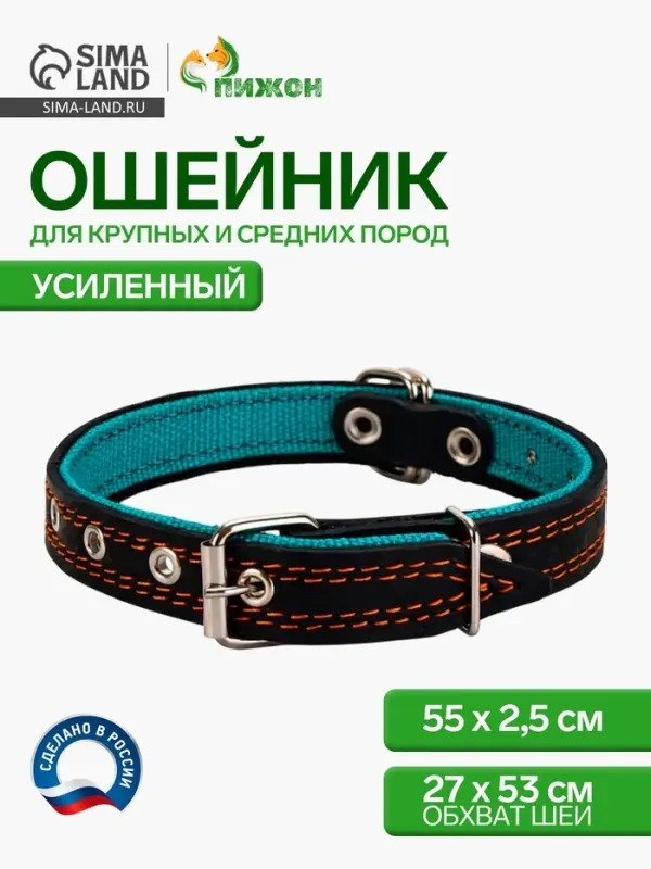 Ошейник кожаный усиленный капроном с полукольцом, 55&times;2.5 см, ОШ 27-53 см, чёрный