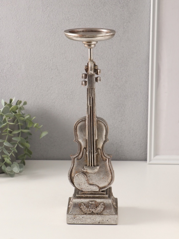 Подсвечник полистоун на 1 свечу "Скрипка" серебро 10х10х36 см