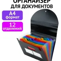 Папка для бумаги А4 на резинке пластиковая Calligrata, 12 отделений, черная