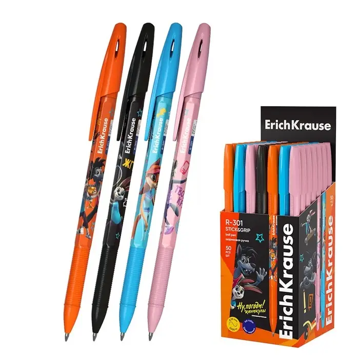 Ручка шариковая ErichKrause R-301 Stick Ну, Погоди!, синяя, мягкое письмо, микс