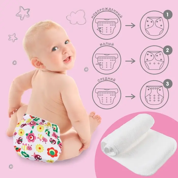 Многоразовый подгузник с 3-х слойным вкладышем Крошка Я &laquo;Цветочки&raquo;, 3-15 кг