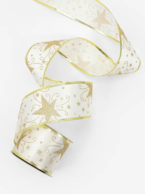 Лента атласная с металлической нитью &laquo;Узоры со звездой&raquo;, 60 мм, 9&plusmn;0.5 м, цвет белый, золотой