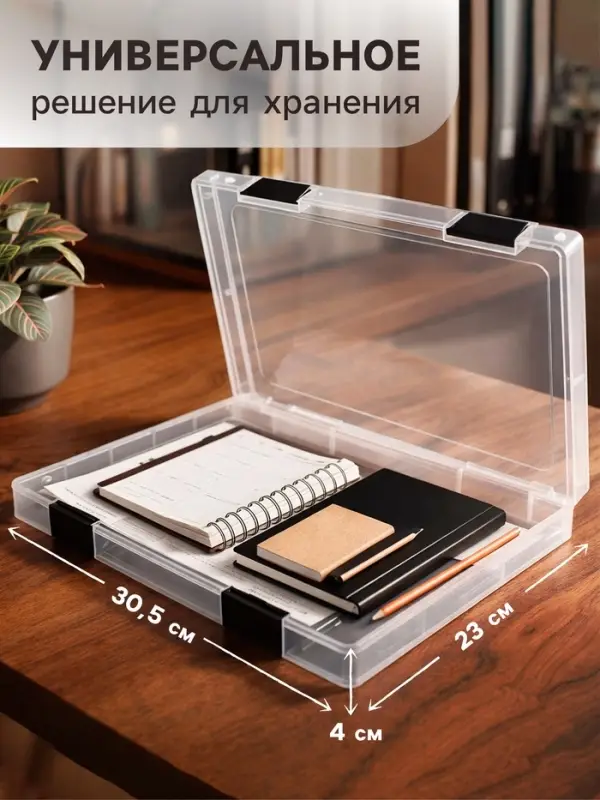 Папка для документов А4, с черными защелками, 230&times;305&times;40 мм, прозрачный корпус
