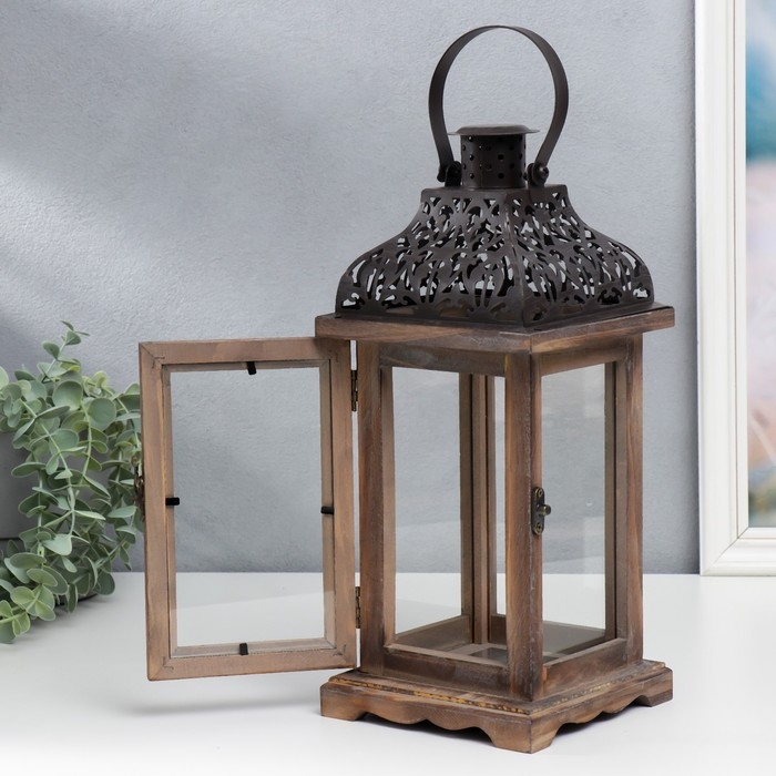 Подсвечник дерево на 1 свечу  Подсвечник дерево на 1 свечу "Фонарь с резной крышей" темно-коричневый 33х14,5х14,5 см