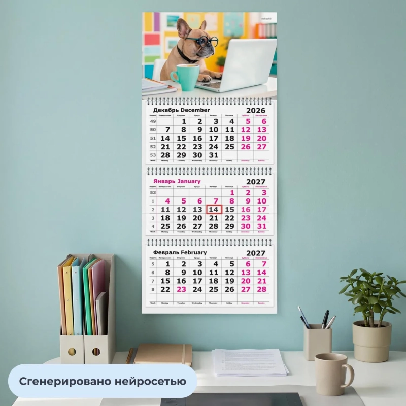 Календарь настенный 3-х блочный 2027 Attache Деловой Бульдог 305х675мм