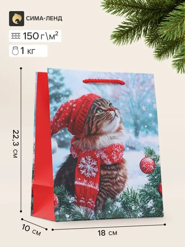 Пакет подарочный &laquo;Котик в красной шапке&raquo;, 18&times;10&times;22.3 см